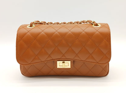 Genuine Leather Quilted Handbag (Medium) – Made In Italy - Cognac Brown