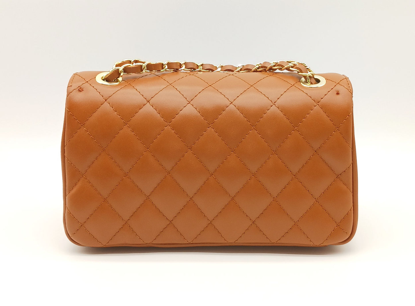 Genuine Leather Quilted Handbag (Medium) – Made In Italy - Cognac Brown