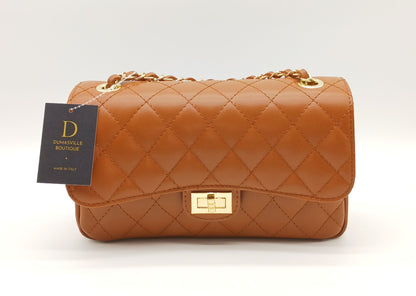 Genuine Leather Quilted Handbag (Medium) – Made In Italy - Cognac Brown