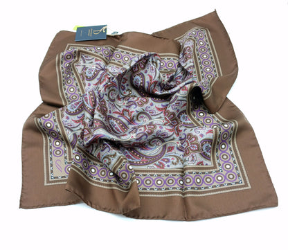 Paisley Design Silk Twill Square Scarf 27x27 – Made In Italy - Brown