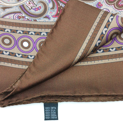 Paisley Design Silk Twill Square Scarf 27x27 – Made In Italy - Brown