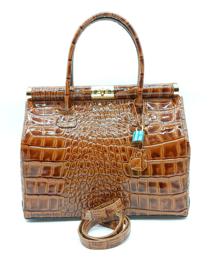 Lock & Key Shiny Croc Embossed Genuine Leather Handbag Satchel – Made In Italy - Brown