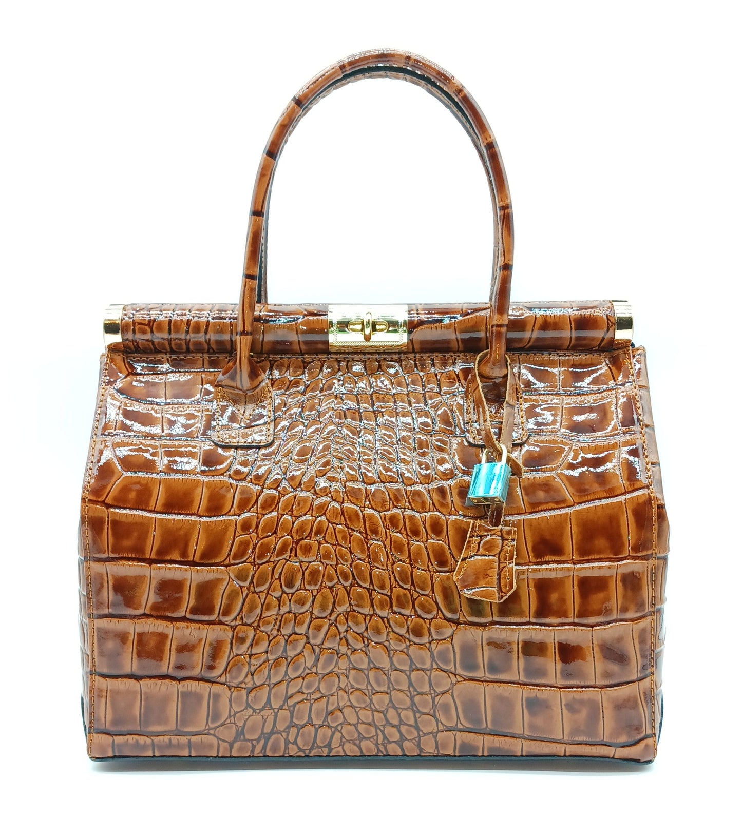 Lock & Key Shiny Croc Embossed Genuine Leather Handbag Satchel – Made In Italy - Brown