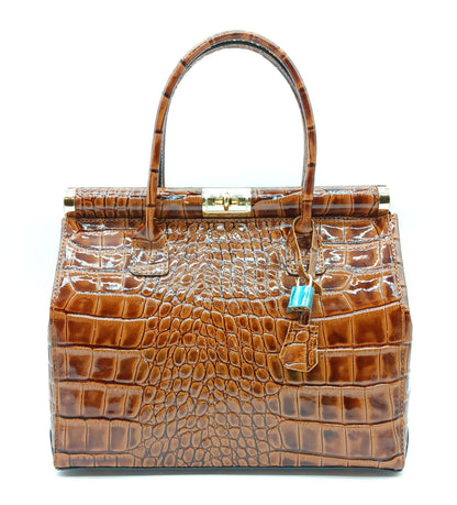 Lock & Key Shiny Croc Embossed Genuine Leather Handbag Satchel – Made In Italy - Brown