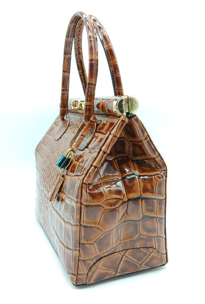 Lock & Key Shiny Croc Embossed Genuine Leather Handbag Satchel – Made In Italy - Brown