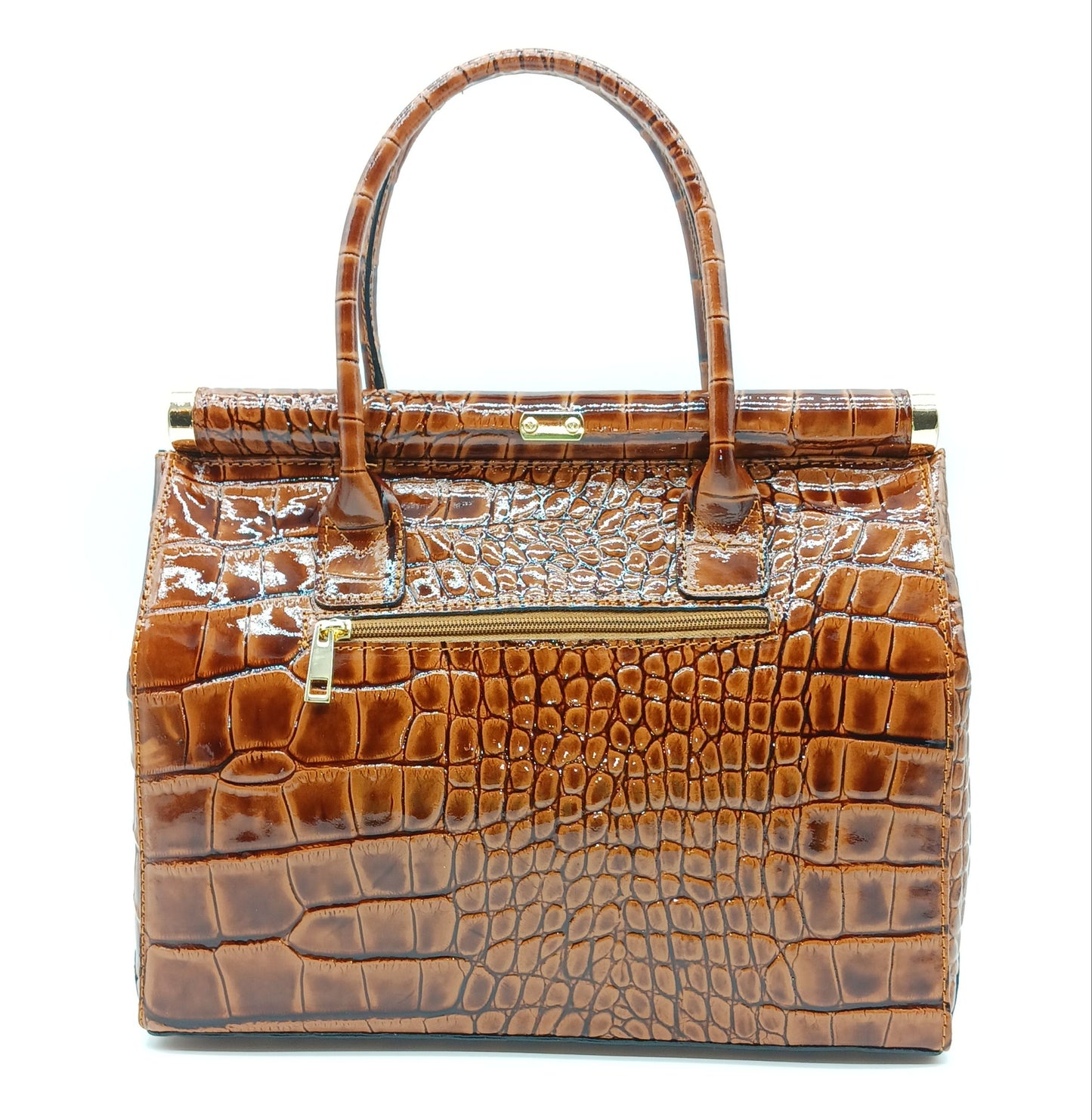 Lock & Key Shiny Croc Embossed Genuine Leather Handbag Satchel – Made In Italy - Brown