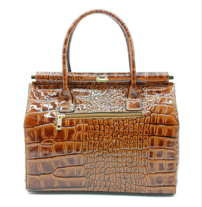 Lock & Key Shiny Croc Embossed Genuine Leather Handbag Satchel – Made In Italy - Brown