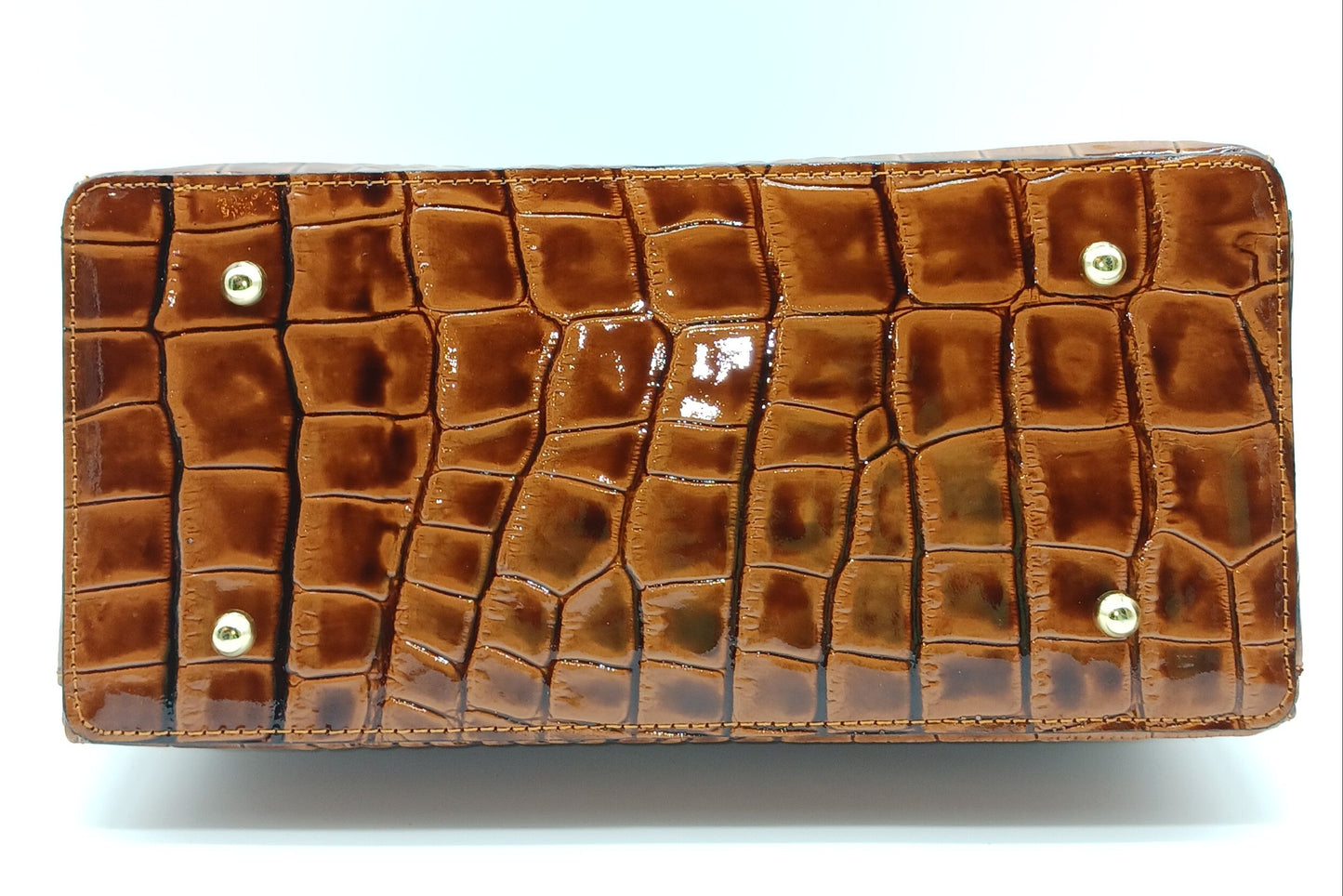 Lock & Key Shiny Croc Embossed Genuine Leather Handbag Satchel – Made In Italy - Brown