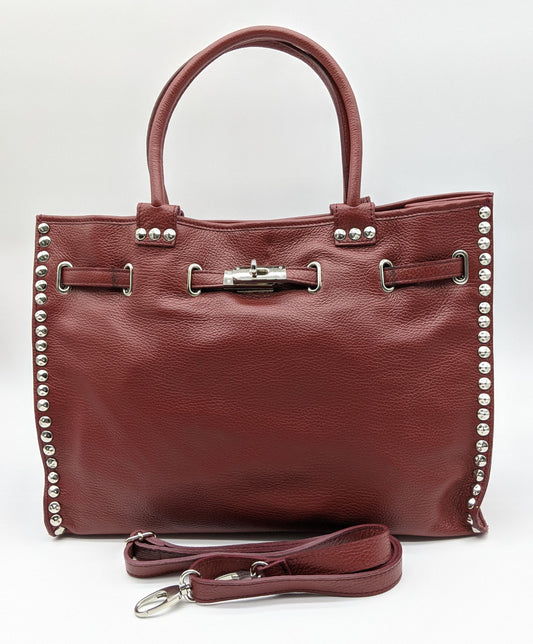 Genuine Pebble Leather Studded Satchel - Burgundy – Made In Italy - DumasvilleBoutique