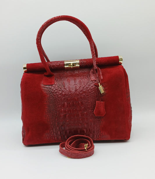 Lock & Key Genuine Croc Embossed Leather Suede Handbag Satchel - Burgundy – Made In Italy