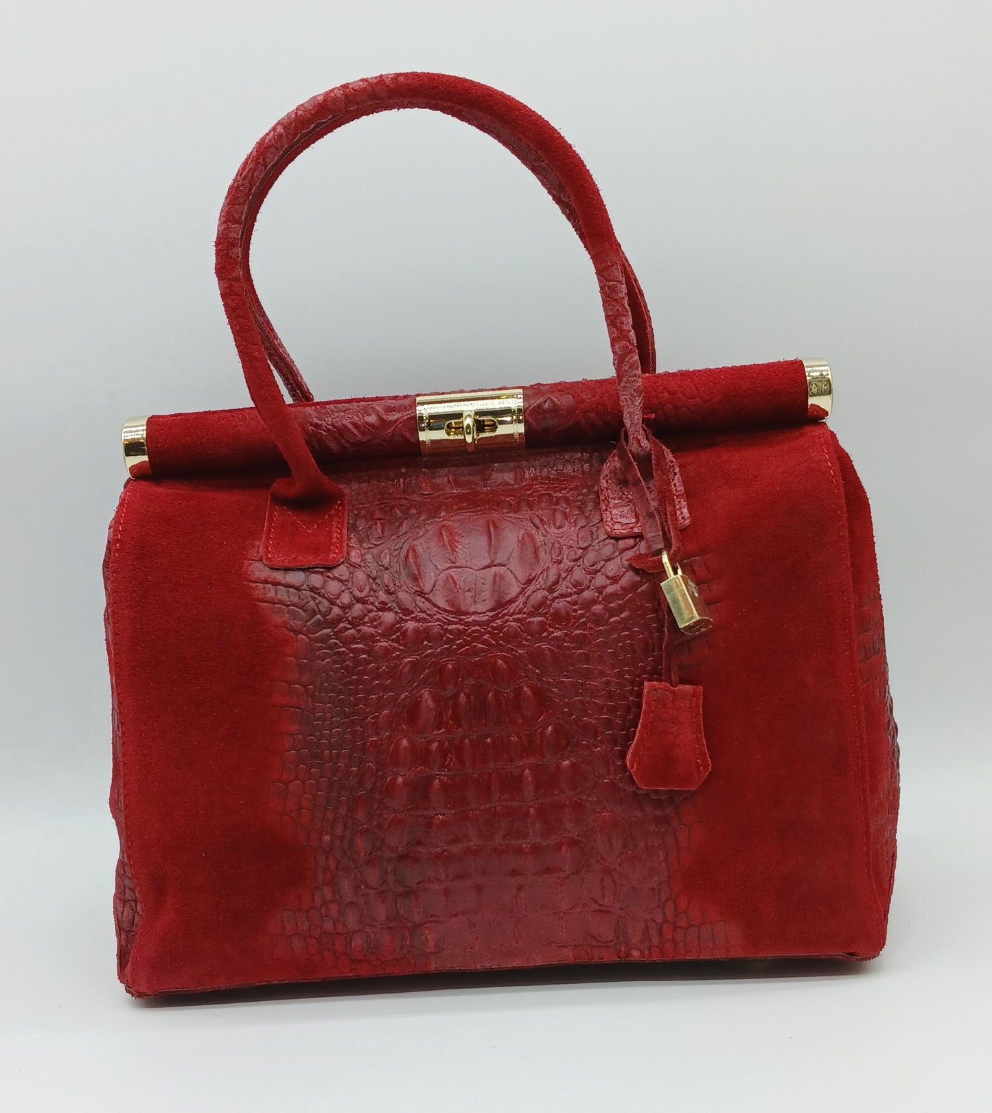 Lock & Key Genuine Croc Embossed Leather Suede Handbag Satchel - Burgundy – Made In Italy