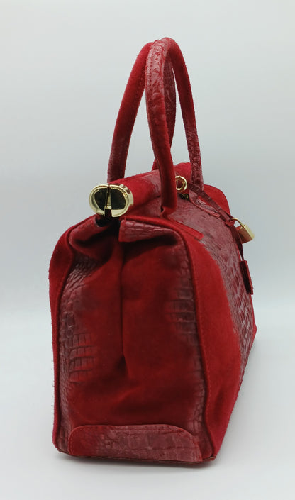 Lock & Key Genuine Croc Embossed Leather Suede Handbag Satchel - Burgundy – Made In Italy