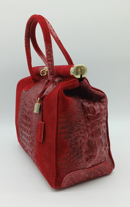 Lock & Key Genuine Croc Embossed Leather Suede Handbag Satchel - Burgundy – Made In Italy