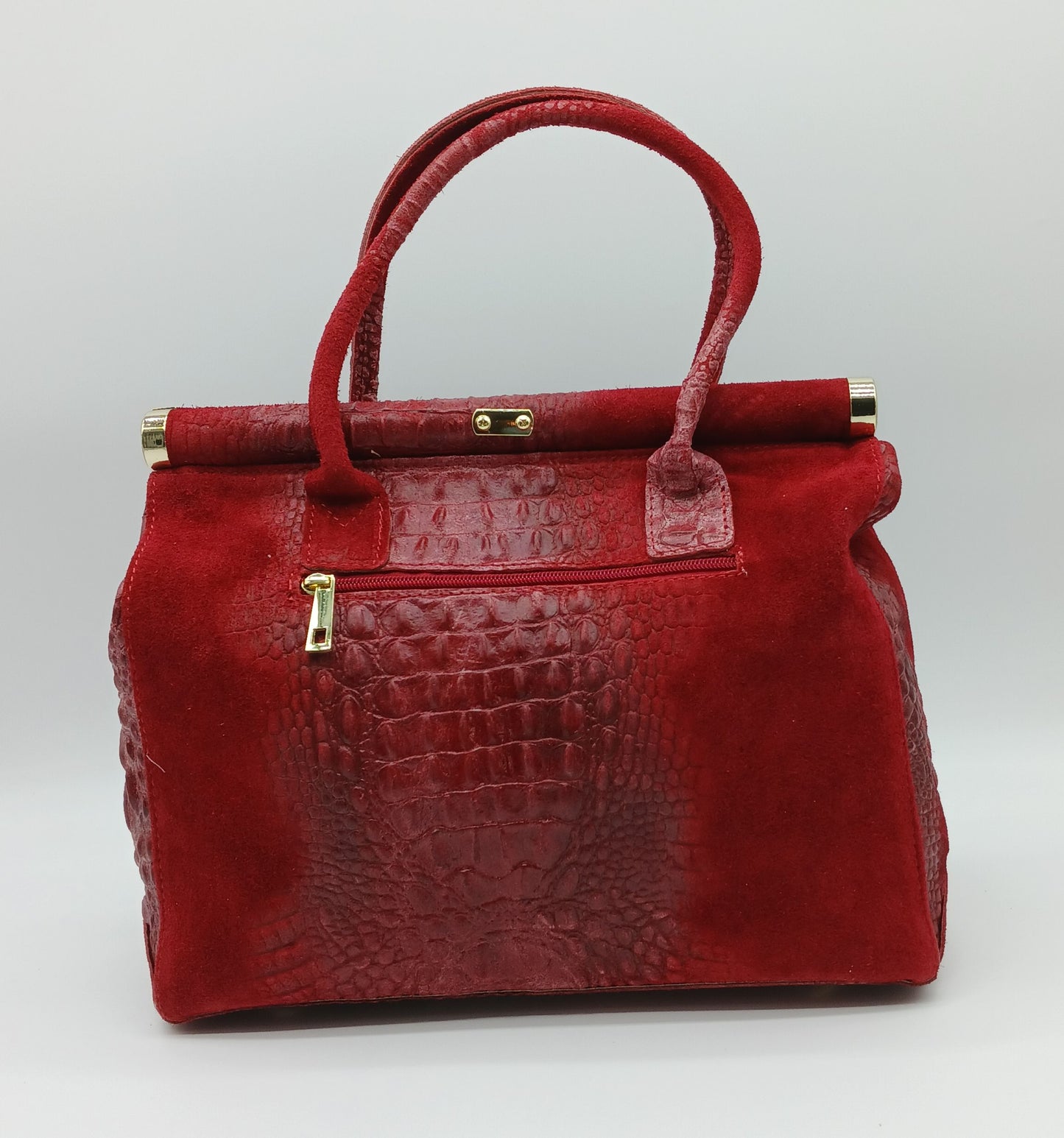 Lock & Key Genuine Croc Embossed Leather Suede Handbag Satchel - Burgundy – Made In Italy