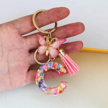 Pink Personalized Resin Alphabet Initial Tassel Butterfly Keychain Bag Charm