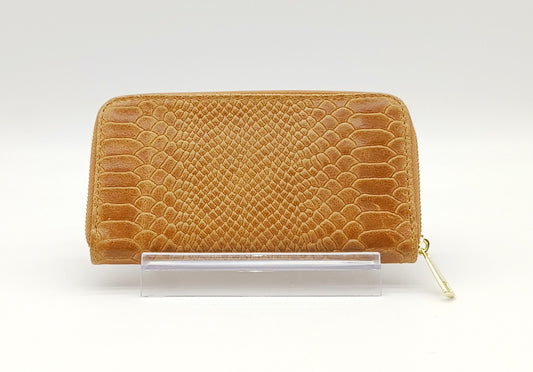 Genuine Snake Embossed Leather Zip Wallet – Made In Italy - Brown