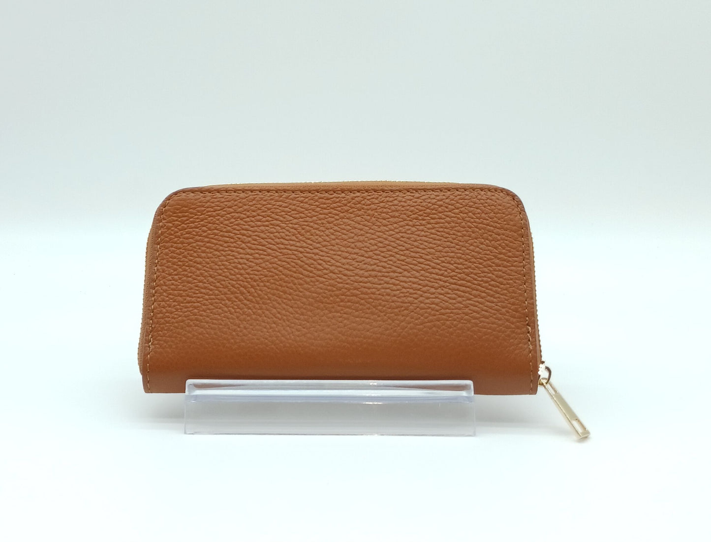 Genuine Pebble Leather Zip Wallet – Made In Italy - Cognac Brown