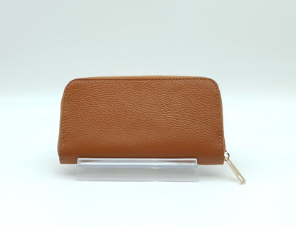 Genuine Pebble Leather Zip Wallet – Made In Italy - Cognac Brown