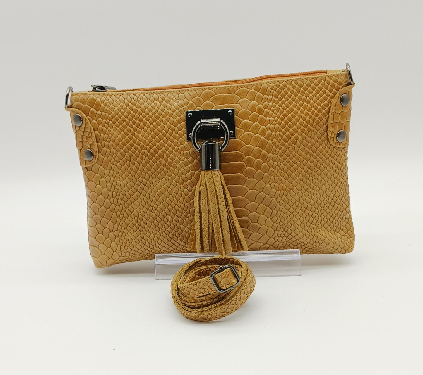 Snake Embossed Genuine Leather Crossbody Handbag - Cognac Brown – Made In Italy