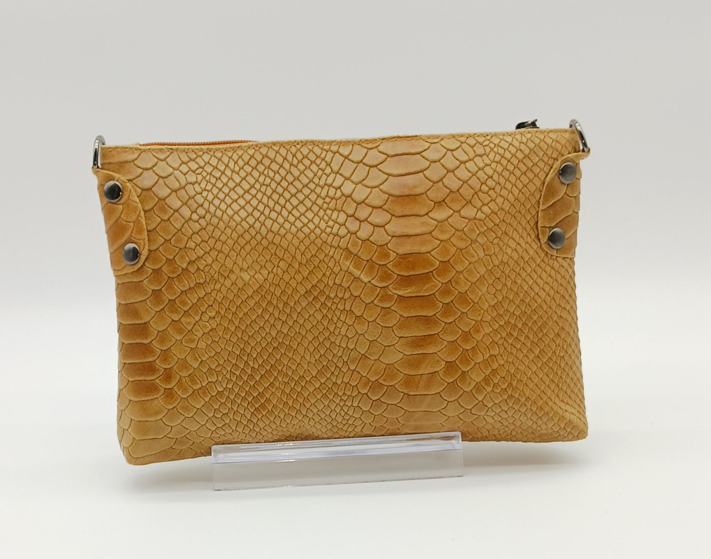 Snake Embossed Genuine Leather Crossbody Handbag - Cognac Brown – Made In Italy