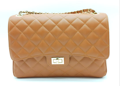 Genuine Leather Quilted Handbag (X-Large) Cognac Brown – Made In Italy