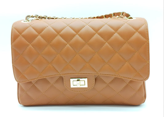 Genuine Leather Quilted Handbag (X-Large) Cognac Brown – Made In Italy