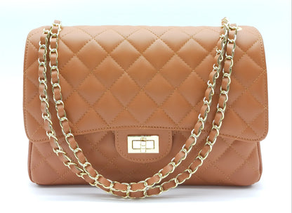Genuine Leather Quilted Handbag (X-Large) Cognac Brown – Made In Italy