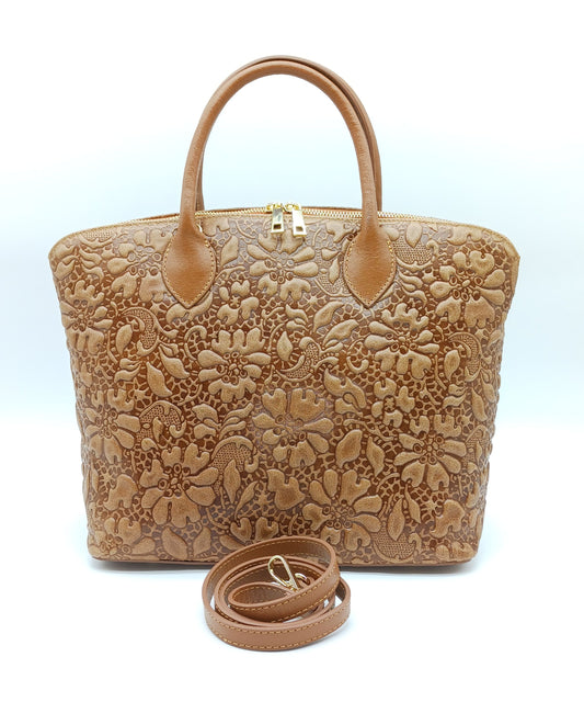 Brown Genuine Leather Floral Embossed Handbag Satchel – Made In Italy