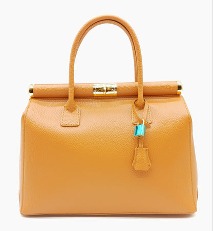 Lock & Key Genuine Pebble Leather Handbag Satchel - Cognac Brown – Made In Italy