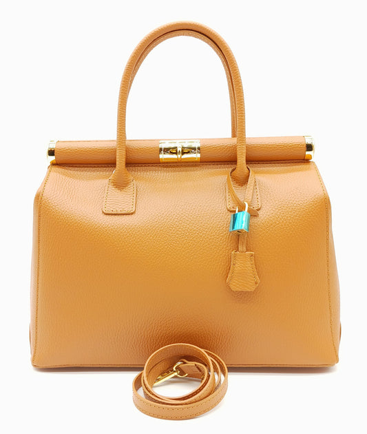 Lock & Key Genuine Pebble Leather Handbag Satchel - Cognac Brown – Made In Italy