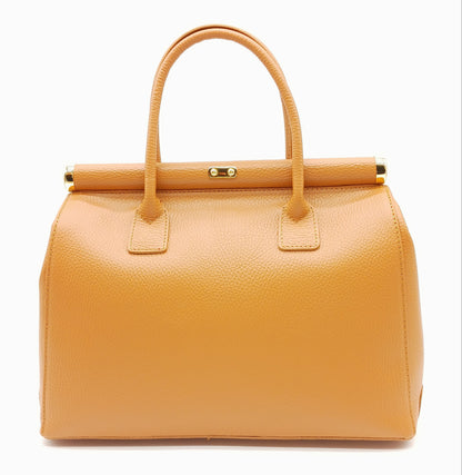 Lock & Key Genuine Pebble Leather Handbag Satchel - Cognac Brown – Made In Italy