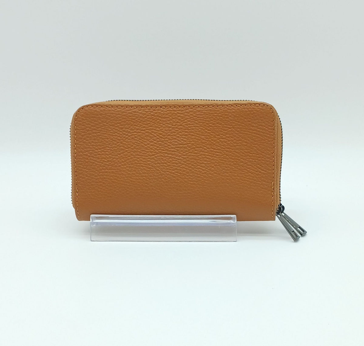 Genuine Pebble Leather Double Zip Wallet – Made In Italy - Cognac Brown