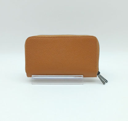 Genuine Pebble Leather Double Zip Wallet – Made In Italy - Cognac Brown