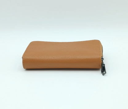 Genuine Pebble Leather Double Zip Wallet – Made In Italy - Cognac Brown