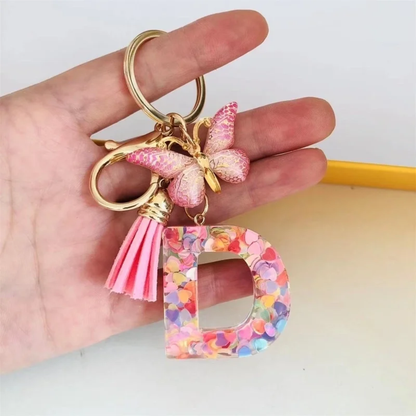 Pink Personalized Resin Alphabet Initial Tassel Butterfly Keychain Bag Charm