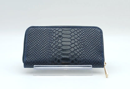 Genuine Snake Embossed Leather Zip Wallet – Made In Italy - Dark Blue