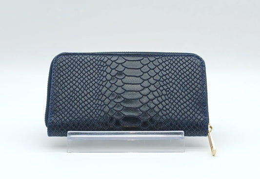 Genuine Snake Embossed Leather Zip Wallet – Made In Italy - Dark Blue
