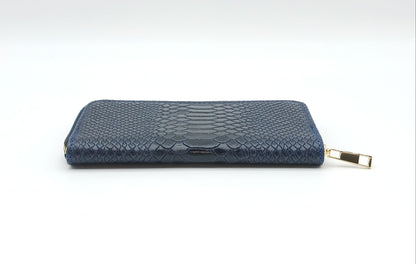 Genuine Snake Embossed Leather Zip Wallet – Made In Italy - Dark Blue