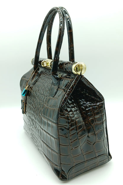 Lock & Key Shiny Croc Embossed Genuine Leather Handbag Satchel – Made In Italy - Dark Brown