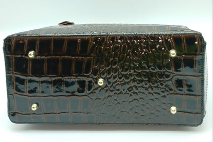 Lock & Key Shiny Croc Embossed Genuine Leather Handbag Satchel – Made In Italy - Dark Brown