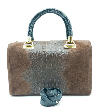 Genuine Suede & Leather Croc Embossed Satchel Handbag - Dark Brown – Made In Italy