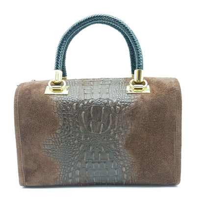 Genuine Suede & Leather Croc Embossed Satchel Handbag - Dark Brown – Made In Italy