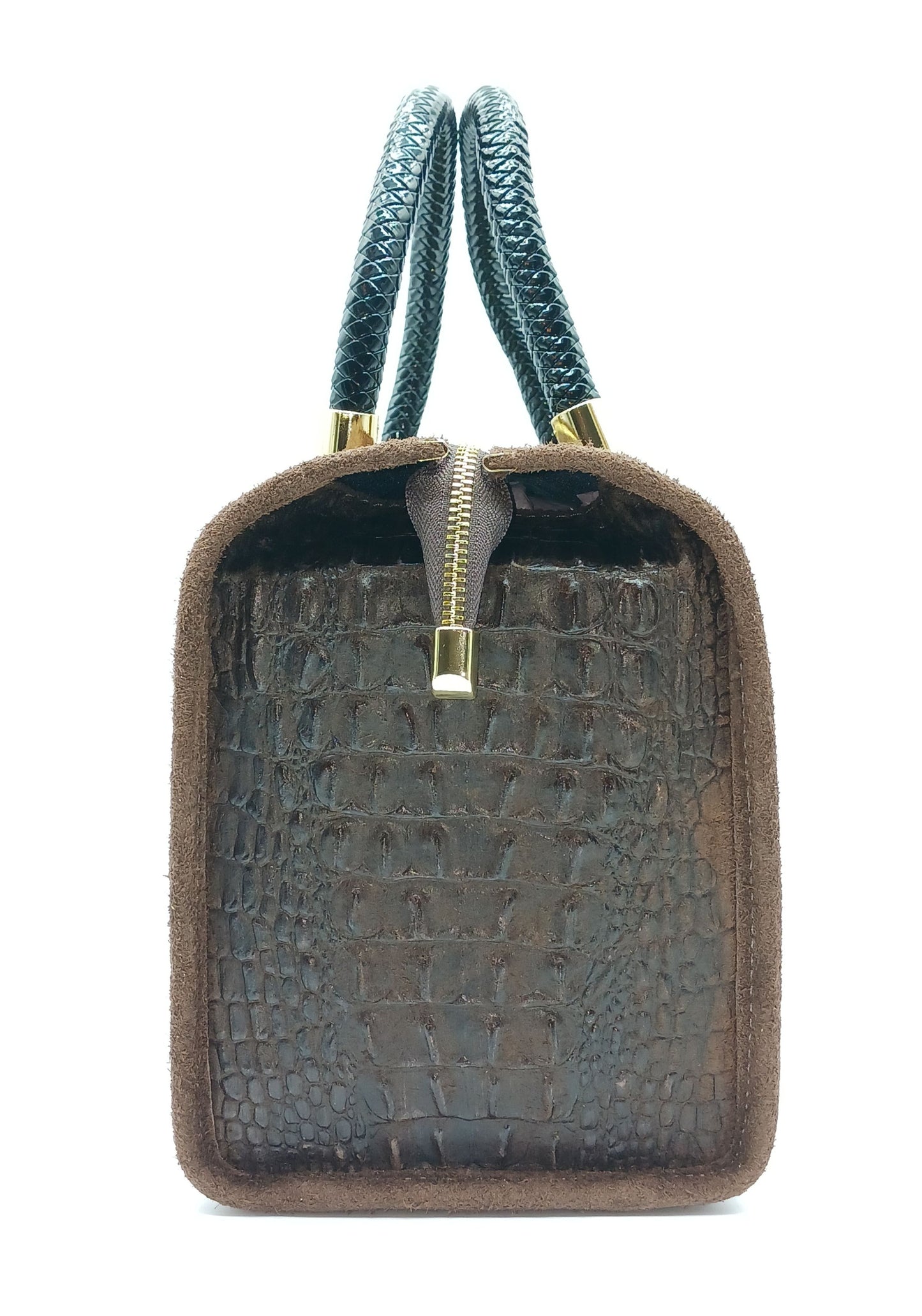 Genuine Suede & Leather Croc Embossed Satchel Handbag - Dark Brown – Made In Italy