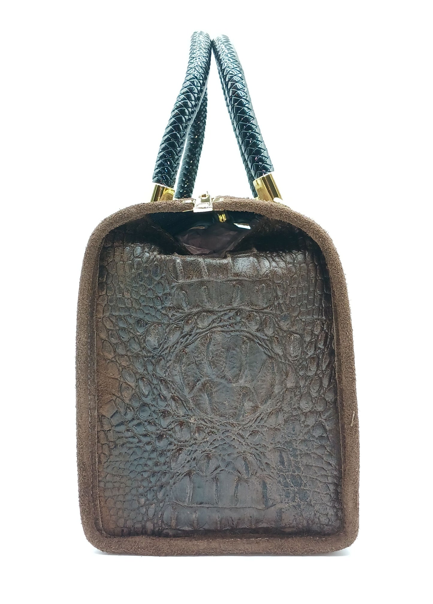 Genuine Suede & Leather Croc Embossed Satchel Handbag - Dark Brown – Made In Italy