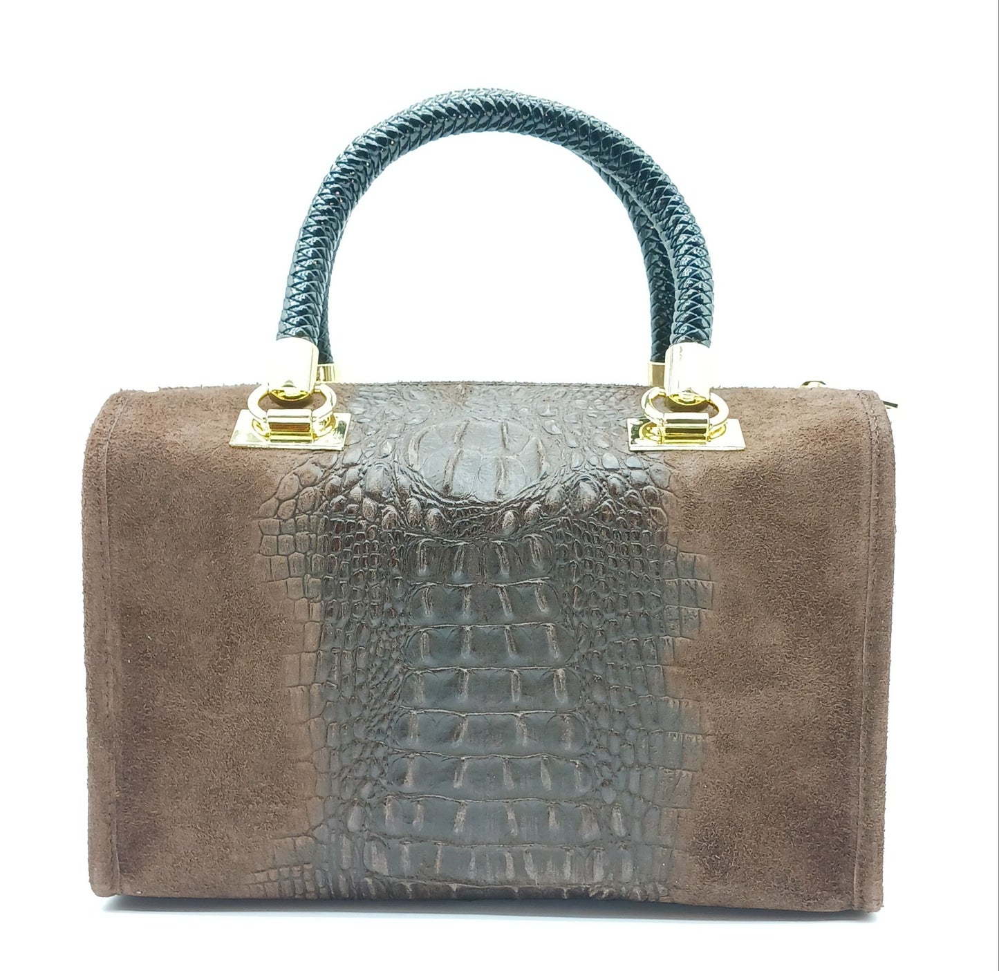 Genuine Suede & Leather Croc Embossed Satchel Handbag - Dark Brown – Made In Italy