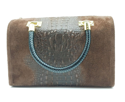 Genuine Suede & Leather Croc Embossed Satchel Handbag - Dark Brown – Made In Italy