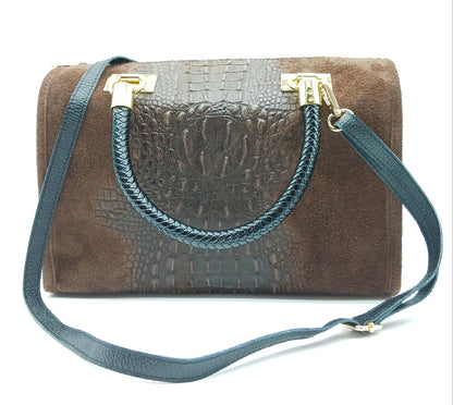 Genuine Suede & Leather Croc Embossed Satchel Handbag - Dark Brown – Made In Italy
