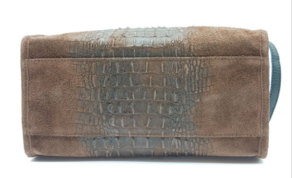 Genuine Suede & Leather Croc Embossed Satchel Handbag - Dark Brown – Made In Italy