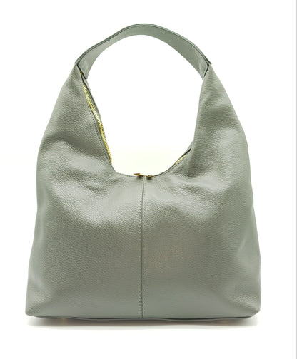 Dark Gray Genuine Pebble Leather Hobo Shoulder Handbag – Made In Italy