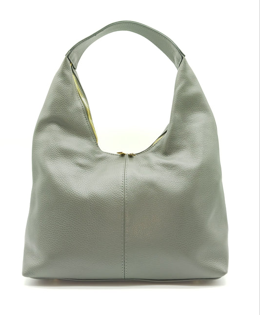 Dark Gray Genuine Pebble Leather Hobo Shoulder Handbag – Made In Italy